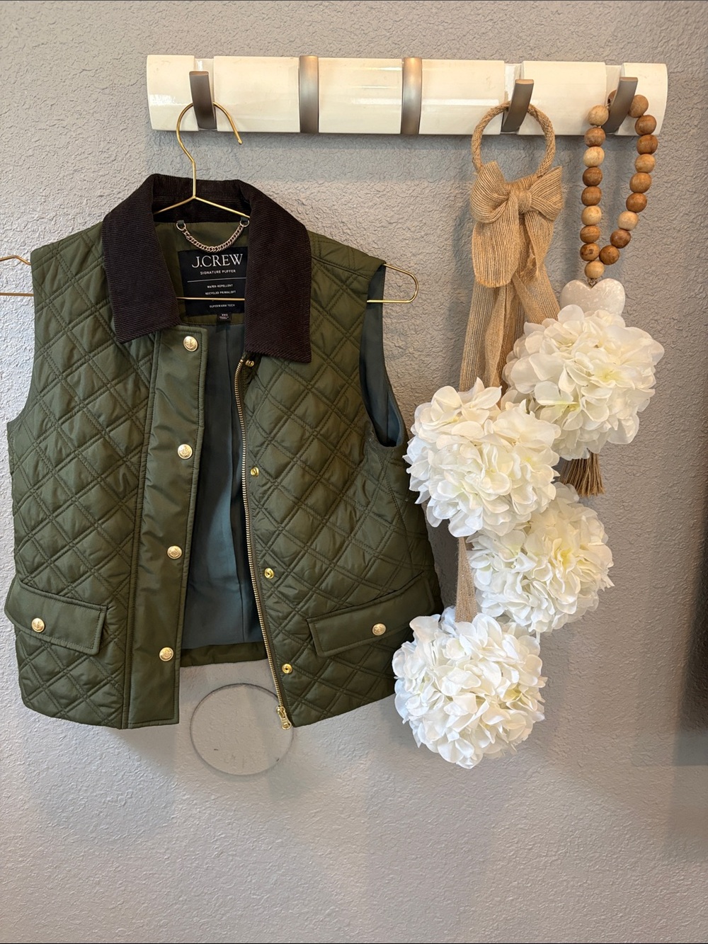J.Crew Quilted Olive Green Vest with Dark Collar